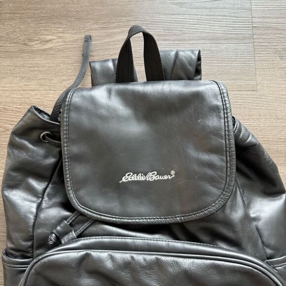 Vintage Eddie Bauer Cowhide Leather Black Stitched Backpack Unisex‎ EUC - Picture 2 of 8